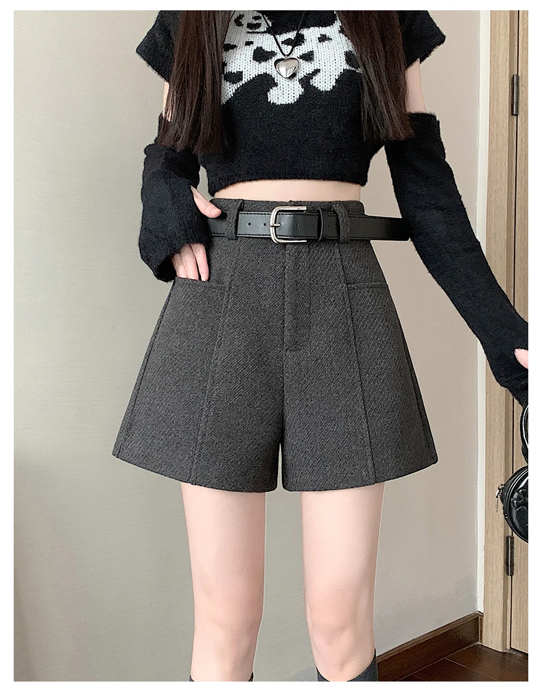 2025 Streetwear Woolen Winter Shorts Woman Casual Loose Wide Leg Short Pants Femme With Belt Booty Grey Black Cargo Shorts Women