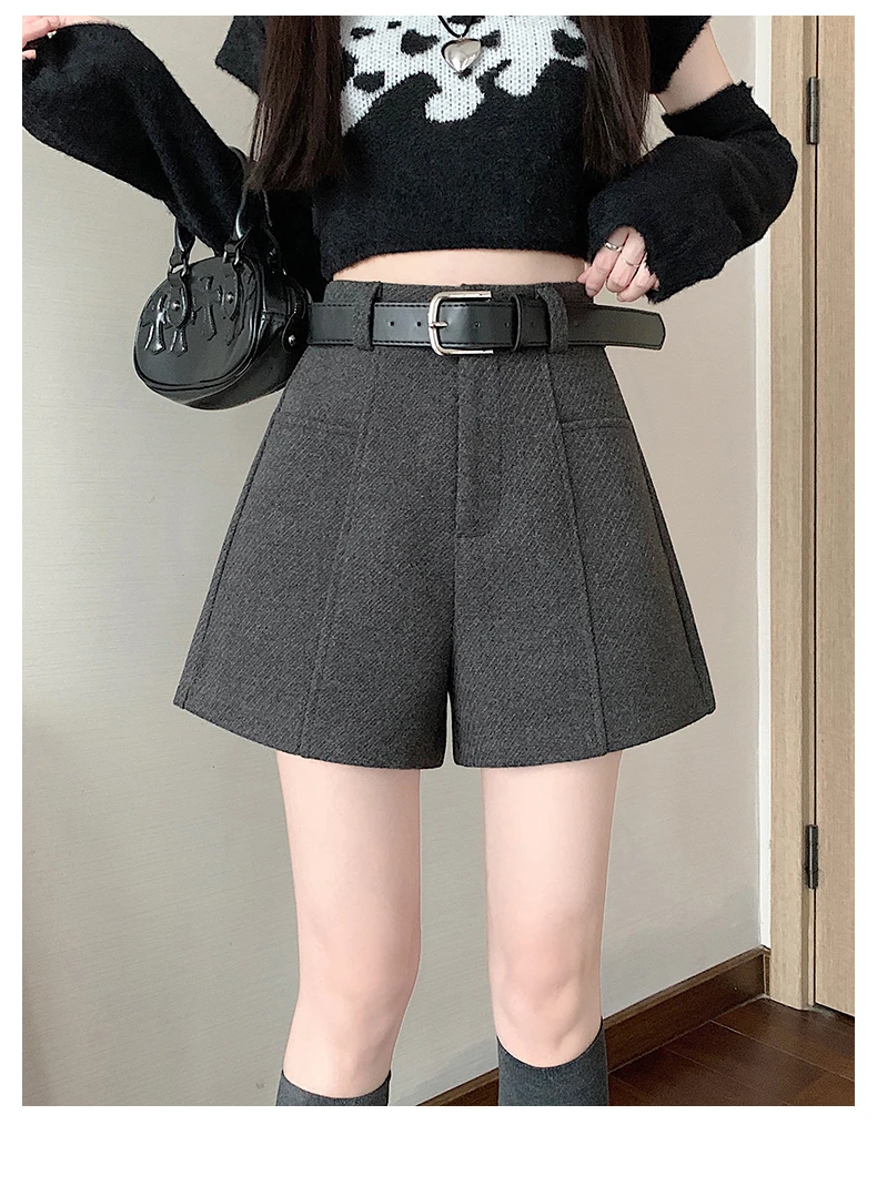 2025 Streetwear Woolen Winter Shorts Woman Casual Loose Wide Leg Short Pants Femme With Belt Booty Grey Black Cargo Shorts Women