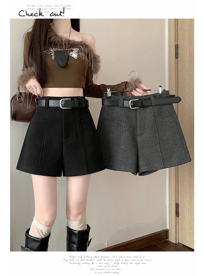 2025 Streetwear Woolen Winter Shorts Woman Casual Loose Wide Leg Short Pants Femme With Belt Booty Grey Black Cargo Shorts Women