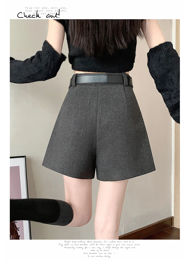 2025 Streetwear Woolen Winter Shorts Woman Casual Loose Wide Leg Short Pants Femme With Belt Booty Grey Black Cargo Shorts Women