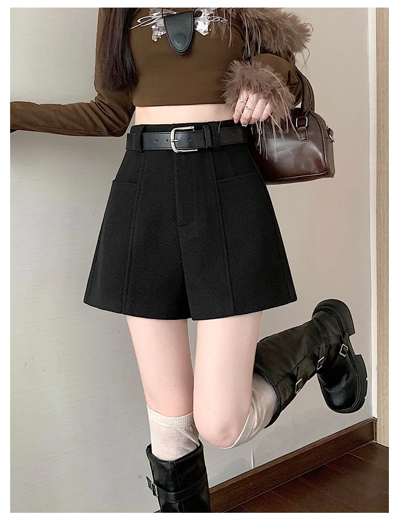 2025 Streetwear Woolen Winter Shorts Woman Casual Loose Wide Leg Short Pants Femme With Belt Booty Grey Black Cargo Shorts Women
