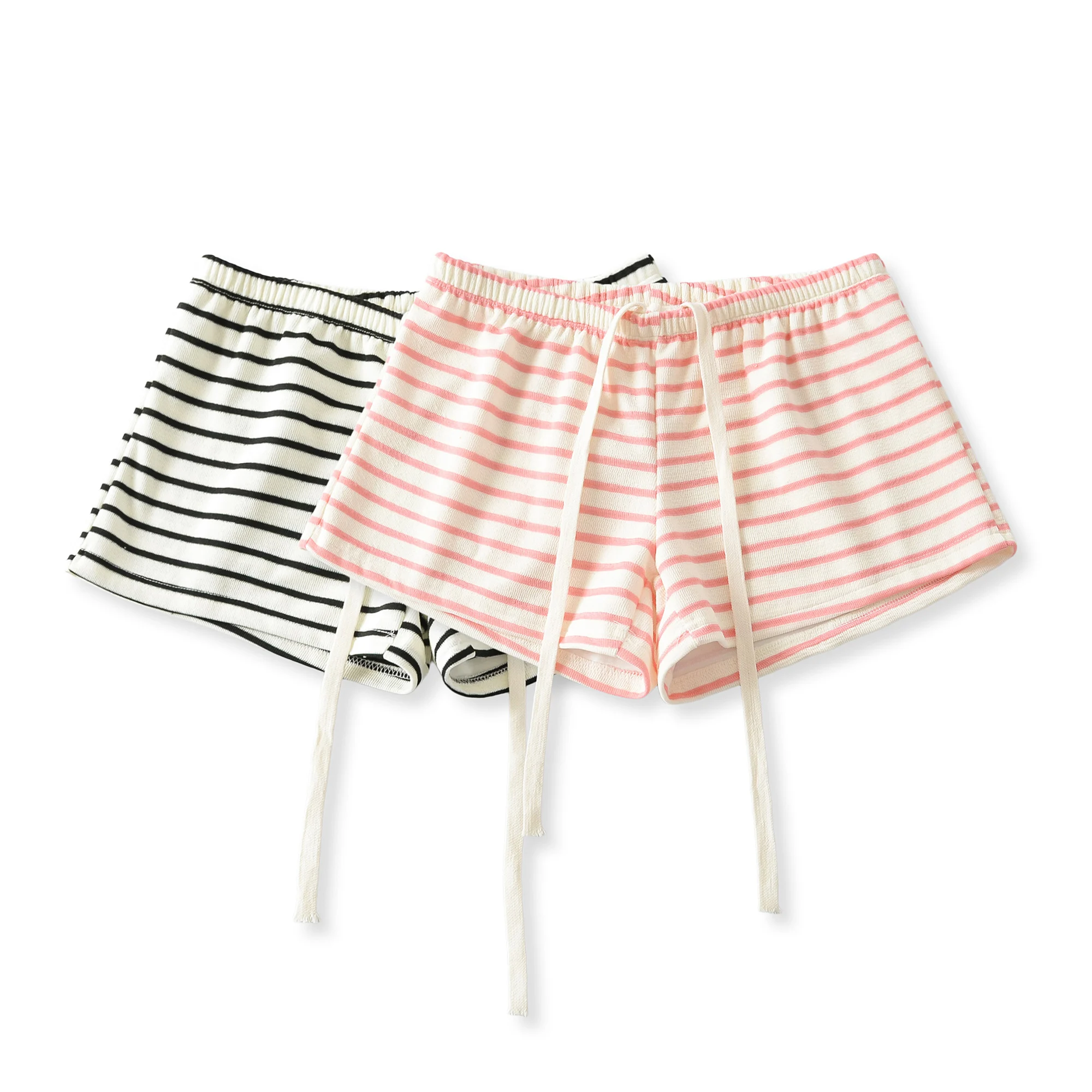 Autumn Women Pink White Stripes Drawstring Elastic Waist Shorts Knitting Polyester Cotton Mini Short Pants Casual Trousers Black