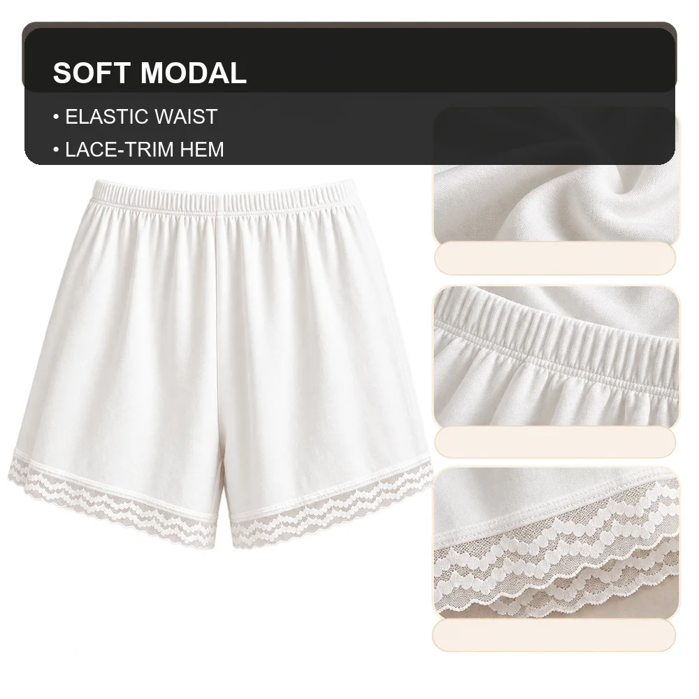 Women's Modal Lace Trim Safety Shorts Loose Fit Summer Under Shorts Lounge Bottoms