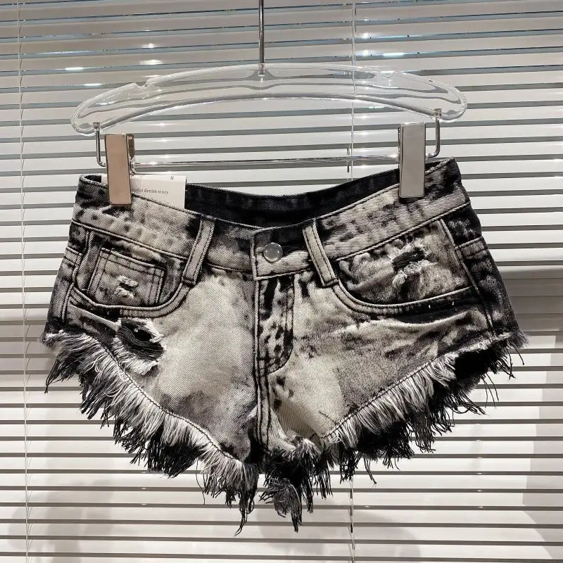 Y2k Spice Girl Retro Fringed Rough-edged Denim Super Shorts Women's Summer Sexy Ripped Low-rise Hot Pants Booty Shorts