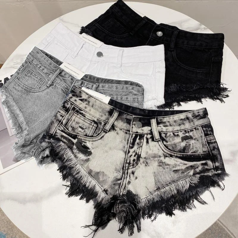Y2k Spice Girl Retro Fringed Rough-edged Denim Super Shorts Women's Summer Sexy Ripped Low-rise Hot Pants Booty Shorts