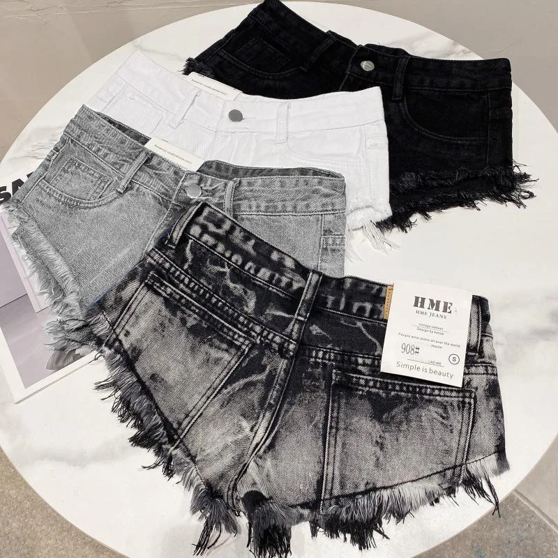 Y2k Spice Girl Retro Fringed Rough-edged Denim Super Shorts Women's Summer Sexy Ripped Low-rise Hot Pants Booty Shorts