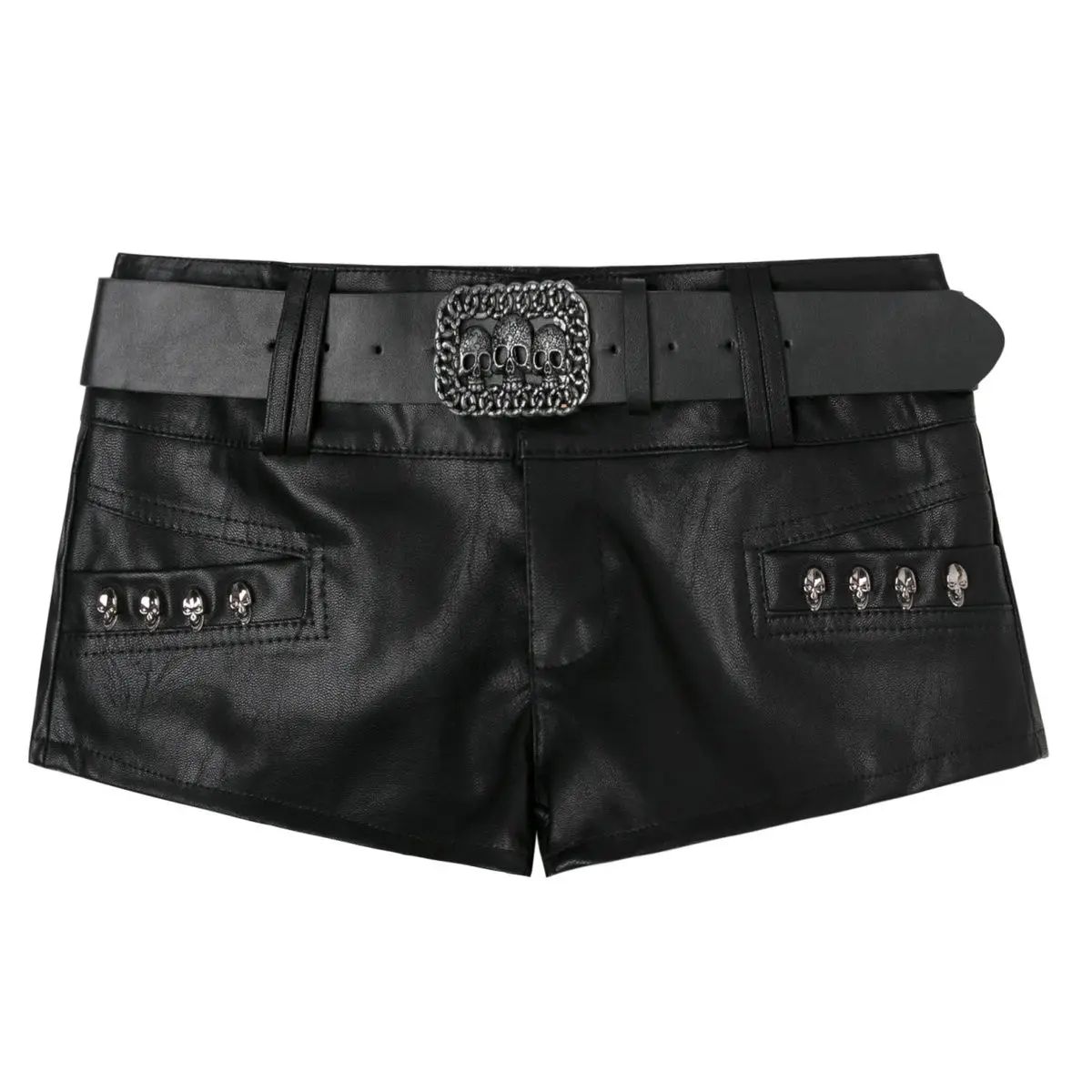 2026 New Women Pu Leather Shorts Y2k Nightclub Low Waist Hip Rivet Booty Shorts Black