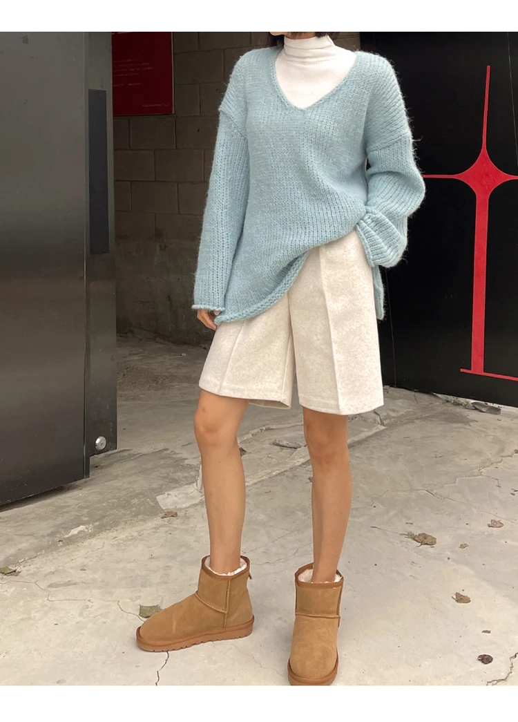 Fashion Thicken Warm Loose Pockets Female Faux Woolen Straight Shorts 2025 Autumn Winter High Waist Ladies Wide Leg Shorts N809