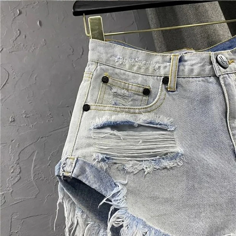 Sexy Low Waisted Denim Shorts for Women Korean Style Loose Ripped Edge Hot Pants Summer Blue A-line Wide Leg Shorts