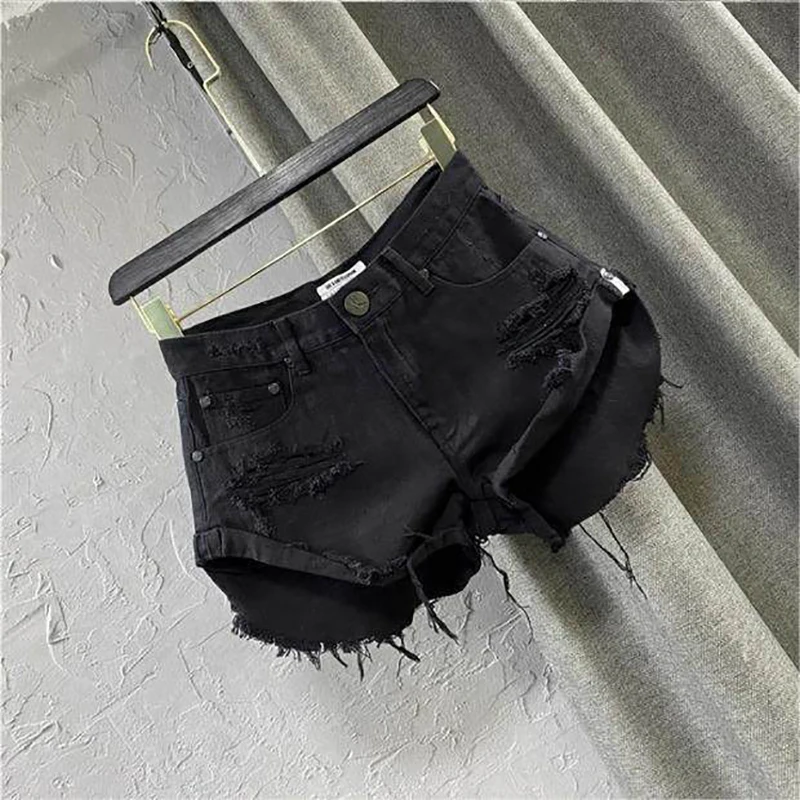 Sexy Low Waisted Denim Shorts for Women Korean Style Loose Ripped Edge Hot Pants Summer Blue A-line Wide Leg Shorts