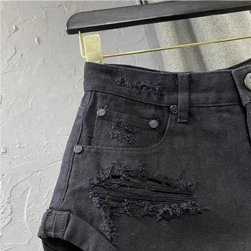 Sexy Low Waisted Denim Shorts for Women Korean Style Loose Ripped Edge Hot Pants Summer Blue A-line Wide Leg Shorts