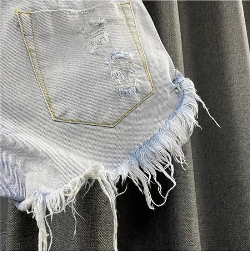Sexy Low Waisted Denim Shorts for Women Korean Style Loose Ripped Edge Hot Pants Summer Blue A-line Wide Leg Shorts