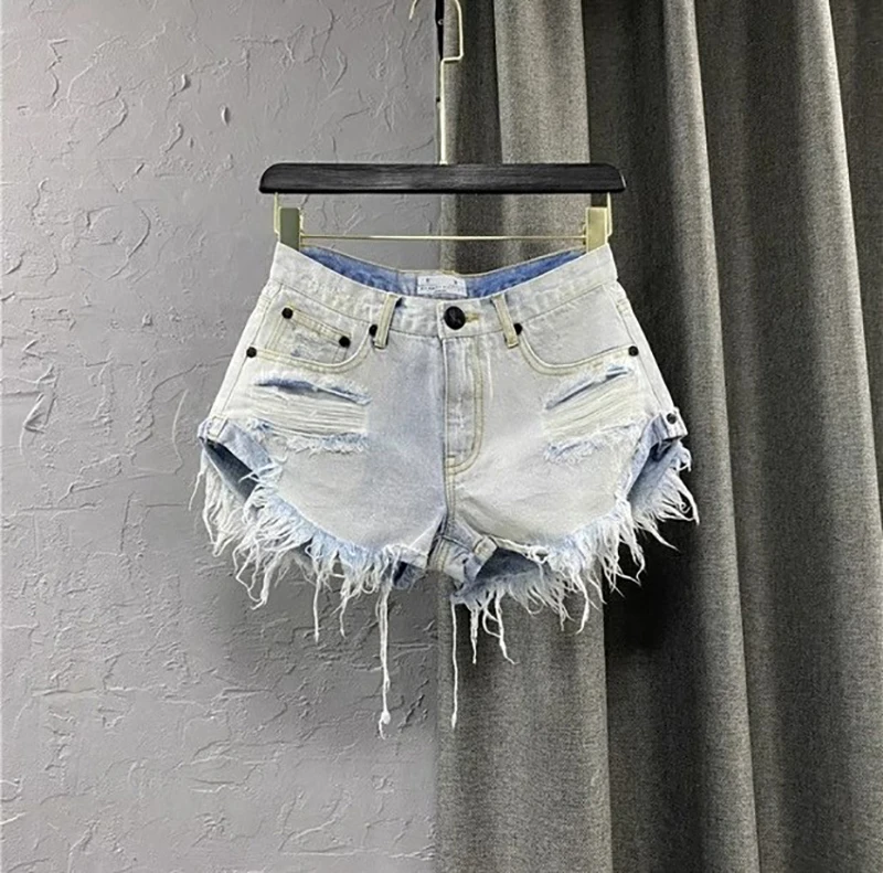 Sexy Low Waisted Denim Shorts for Women Korean Style Loose Ripped Edge Hot Pants Summer Blue A-line Wide Leg Shorts