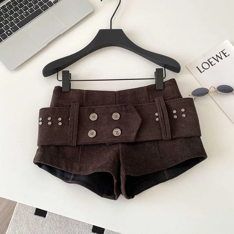 American Retro Corduroy Shorts Women Button Sashes Design Autumn Low Waist Sensual Streetwear Hot Girl Mini Shorts