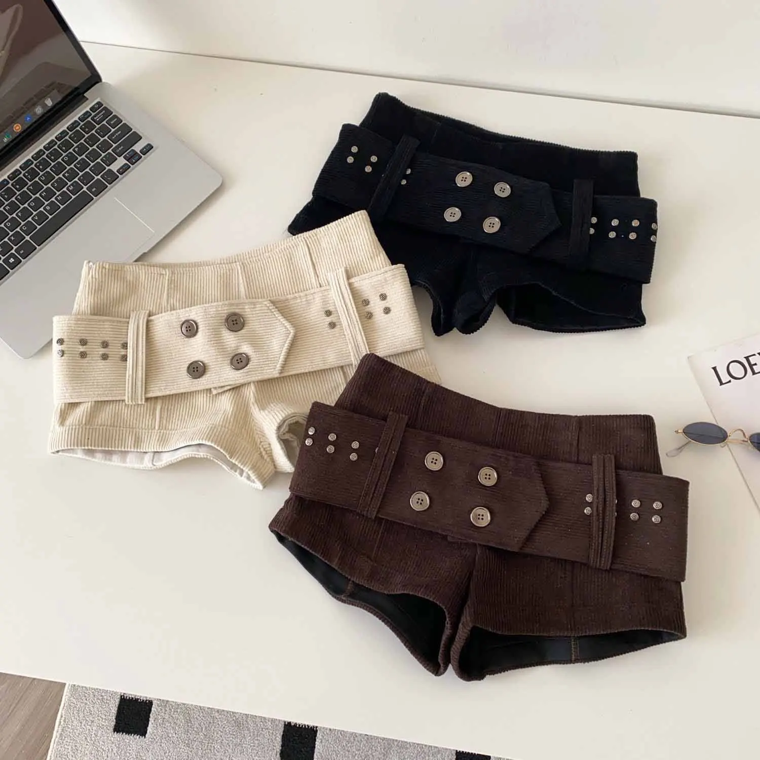 American Retro Corduroy Shorts Women Button Sashes Design Autumn Low Waist Sensual Streetwear Hot Girl Mini Shorts