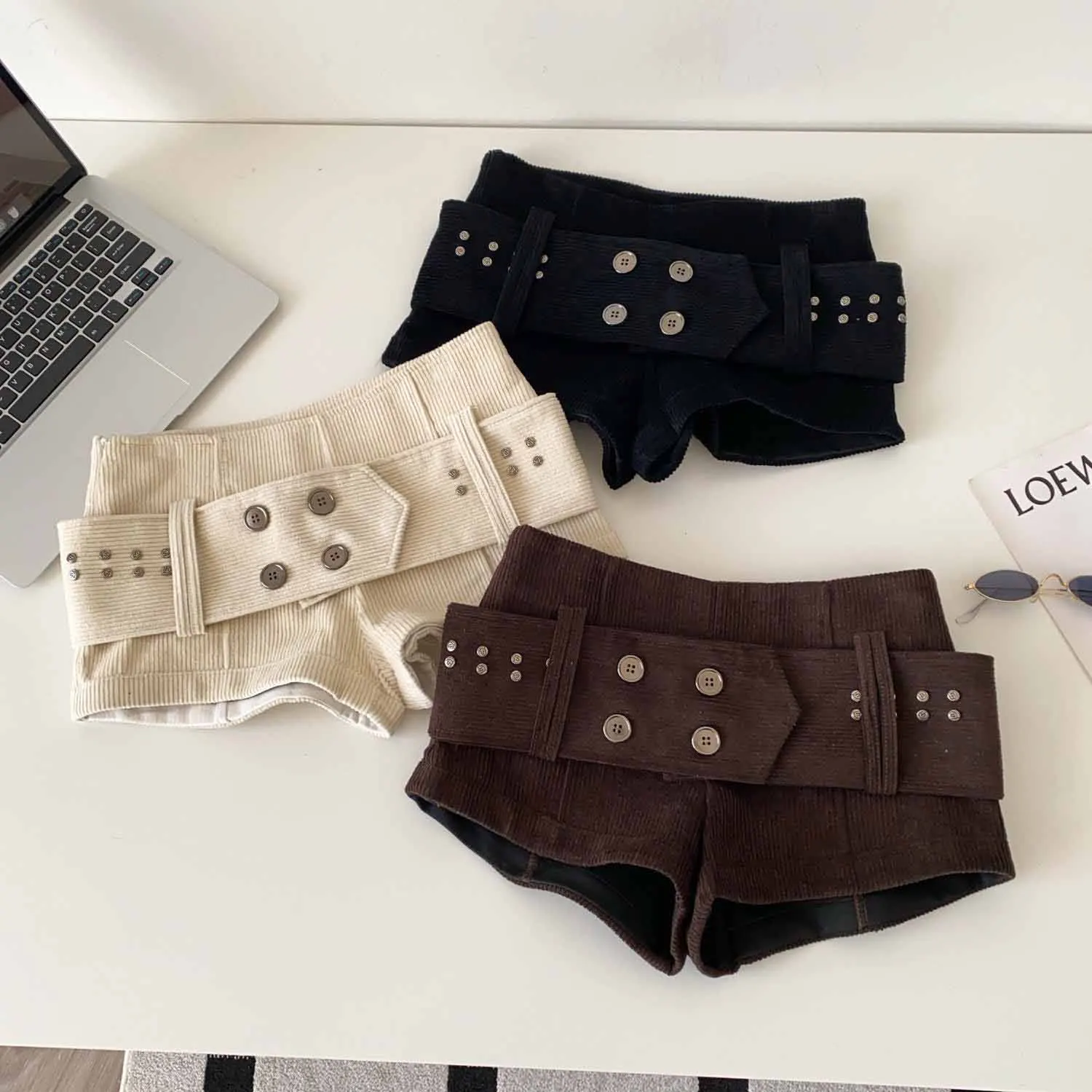 American Retro Corduroy Shorts Women Button Sashes Design Autumn Low Waist Sensual Streetwear Hot Girl Mini Shorts