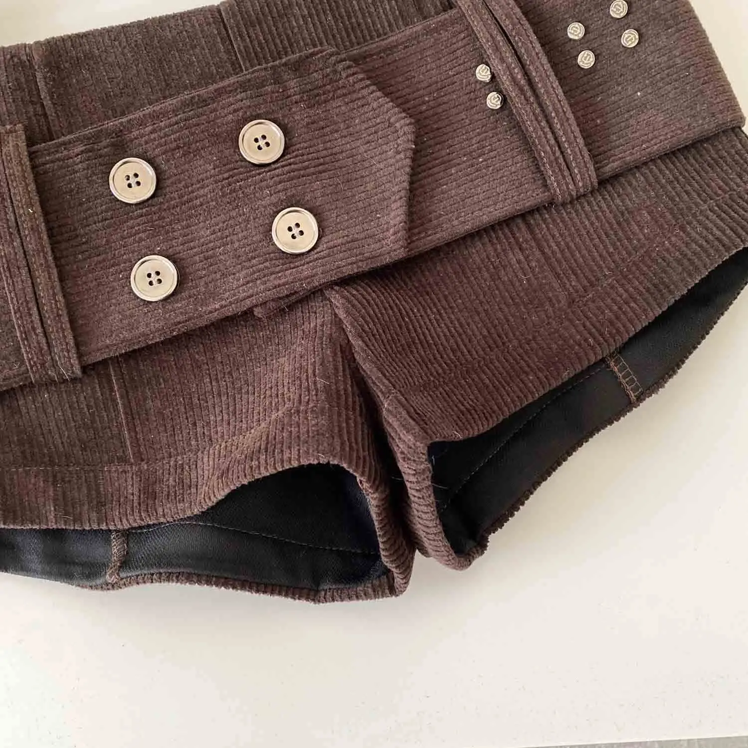 American Retro Corduroy Shorts Women Button Sashes Design Autumn Low Waist Sensual Streetwear Hot Girl Mini Shorts