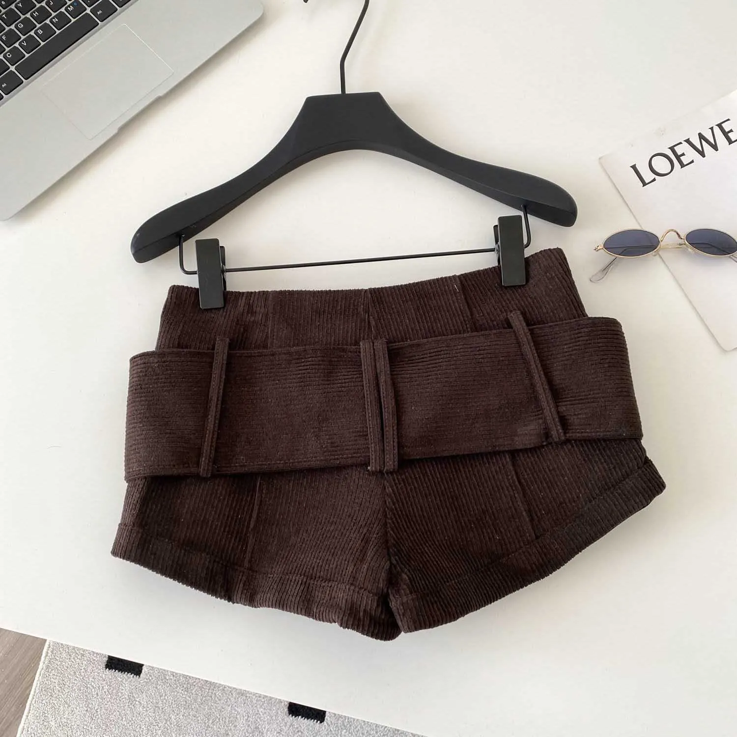 American Retro Corduroy Shorts Women Button Sashes Design Autumn Low Waist Sensual Streetwear Hot Girl Mini Shorts