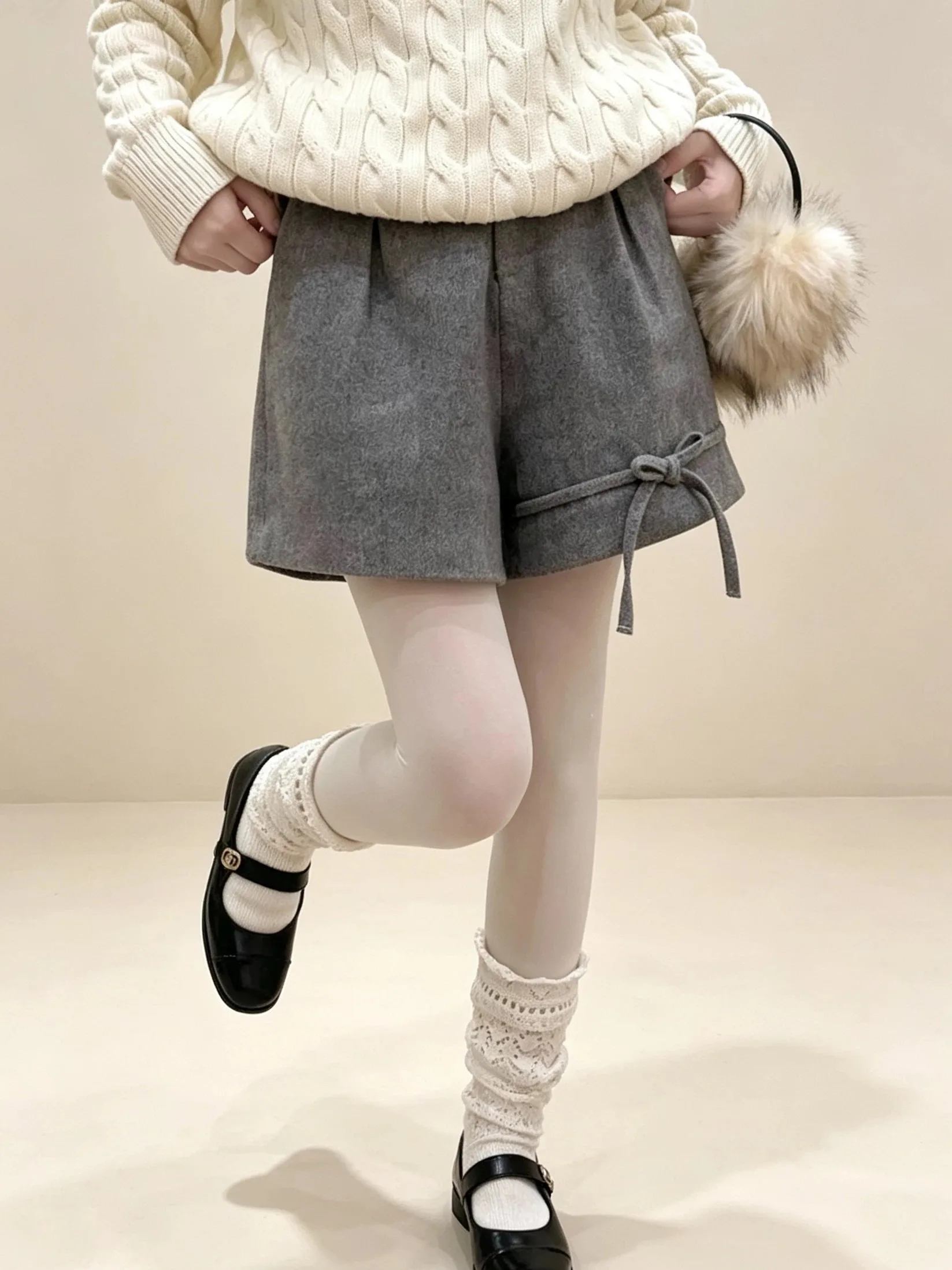 Grey Woolen Wide Leg Shorts for Women Autumn Winter High Waist Versatile Casual Mini Shorts Female Bow Decor Cute Short Pants