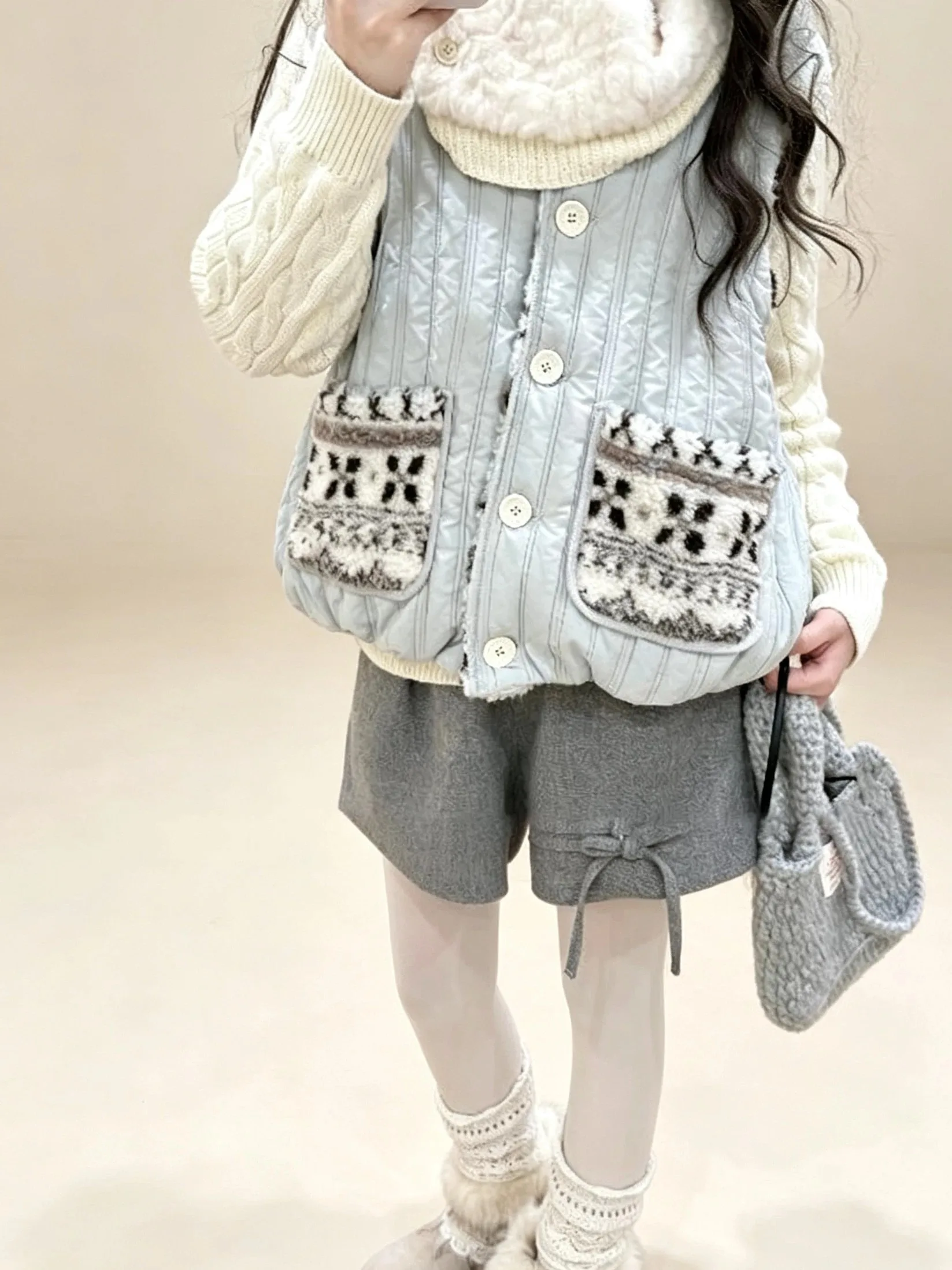 Grey Woolen Wide Leg Shorts for Women Autumn Winter High Waist Versatile Casual Mini Shorts Female Bow Decor Cute Short Pants
