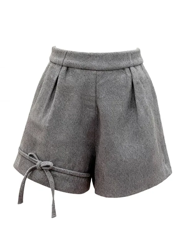 Grey Woolen Wide Leg Shorts for Women Autumn Winter High Waist Versatile Casual Mini Shorts Female Bow Decor Cute Short Pants