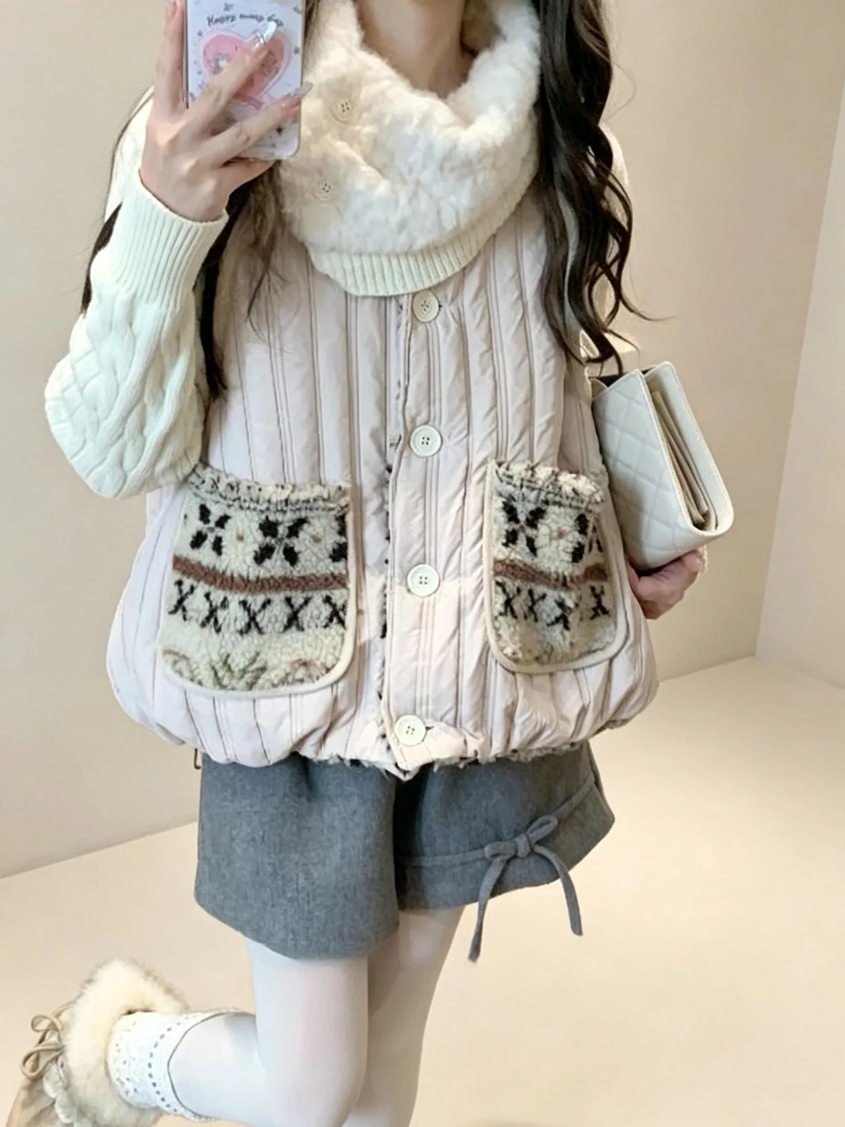 Grey Woolen Wide Leg Shorts for Women Autumn Winter High Waist Versatile Casual Mini Shorts Female Bow Decor Cute Short Pants