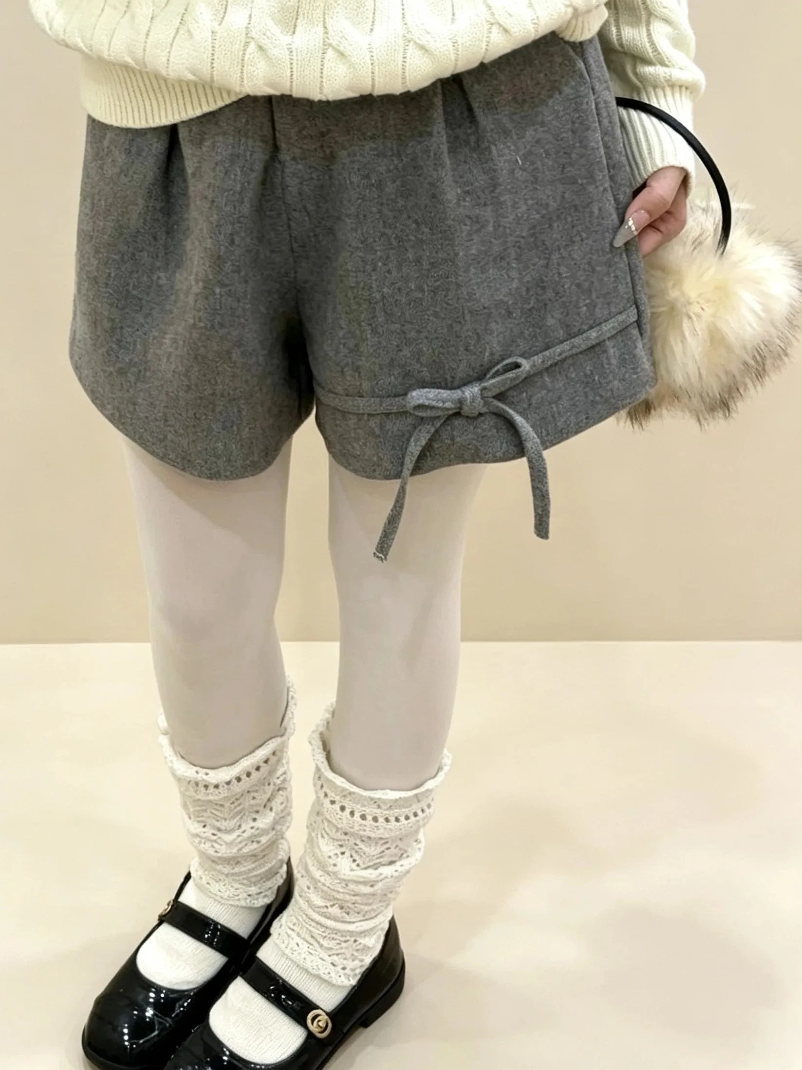 Grey Woolen Wide Leg Shorts for Women Autumn Winter High Waist Versatile Casual Mini Shorts Female Bow Decor Cute Short Pants