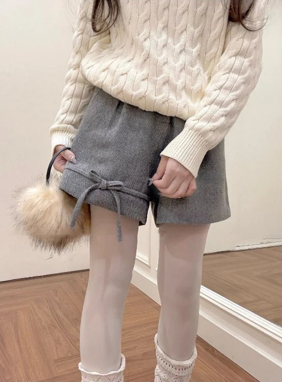 Grey Woolen Wide Leg Shorts for Women Autumn Winter High Waist Versatile Casual Mini Shorts Female Bow Decor Cute Short Pants