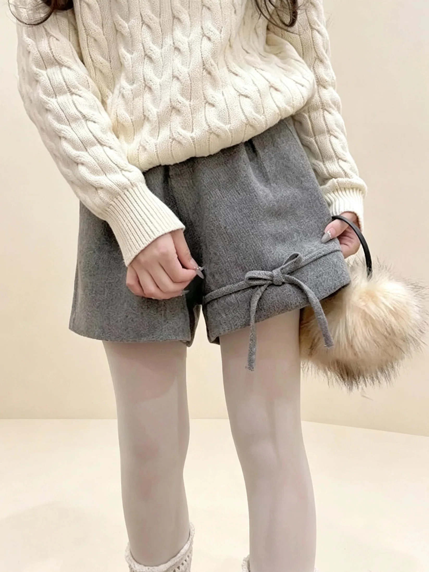 Grey Woolen Wide Leg Shorts for Women Autumn Winter High Waist Versatile Casual Mini Shorts Female Bow Decor Cute Short Pants