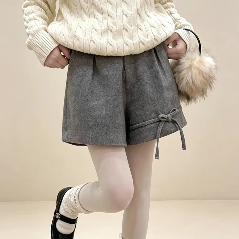 Grey Woolen Wide Leg Shorts for Women Autumn Winter High Waist Versatile Casual Mini Shorts Female Bow Decor Cute Short Pants