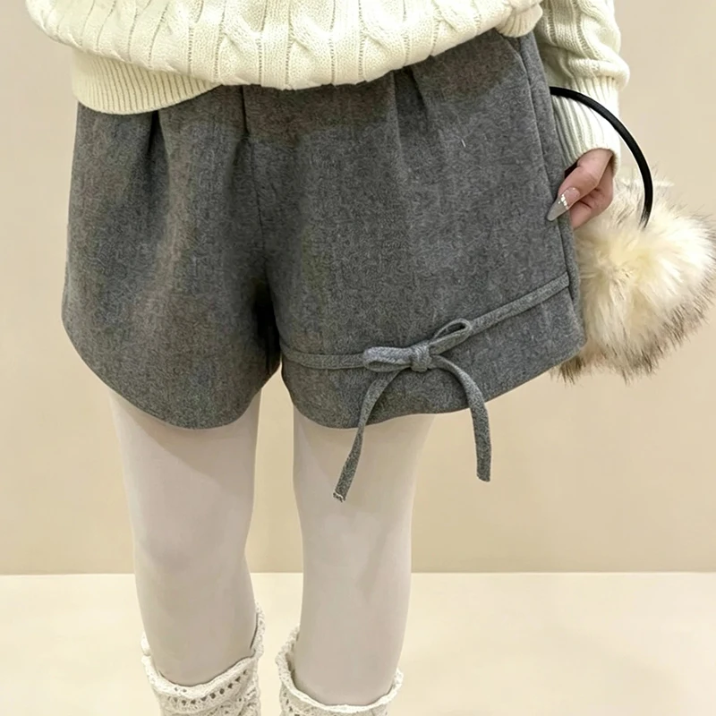Grey Woolen Wide Leg Shorts for Women Autumn Winter High Waist Versatile Casual Mini Shorts Female Bow Decor Cute Short Pants