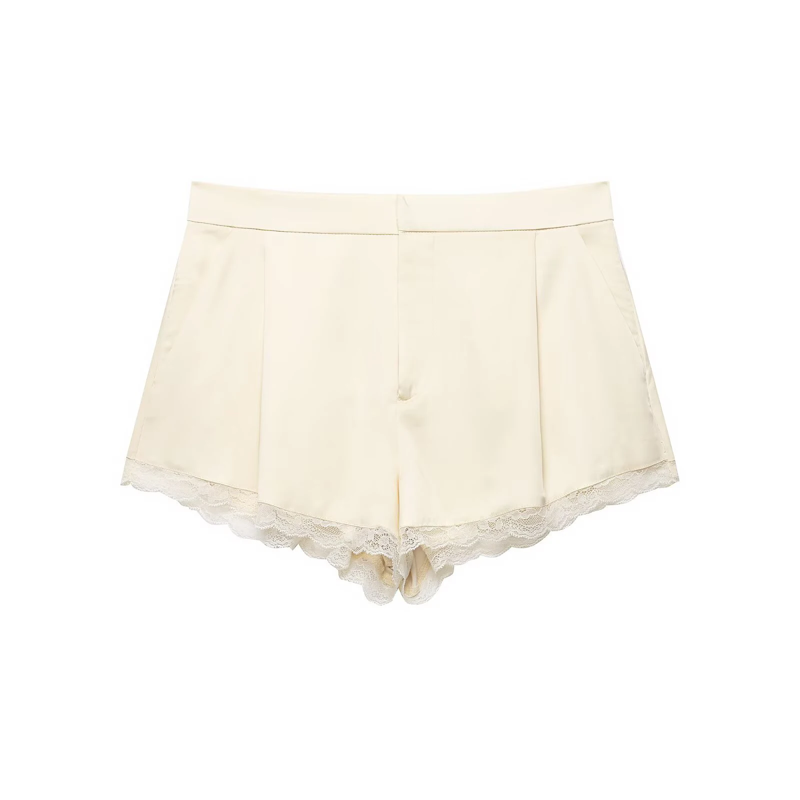 European and American style spring new women's casual style front pleated mid waist lace embellished satin texture shorts