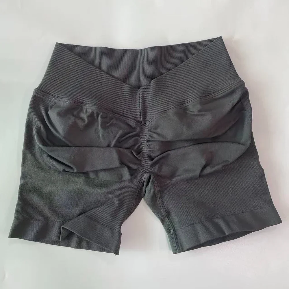 No Logo Women Back V Waist Yoga Shorts High Elastic Seamless Flex Scrunch Bum Workout Gym Shorts Yoga Booty Running Short Pants