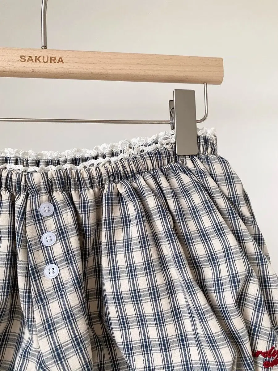 Womens Plaid Bubble Shorts Elastic Waist Bloomer Shorts Casual Short Pants Summer Streetwear