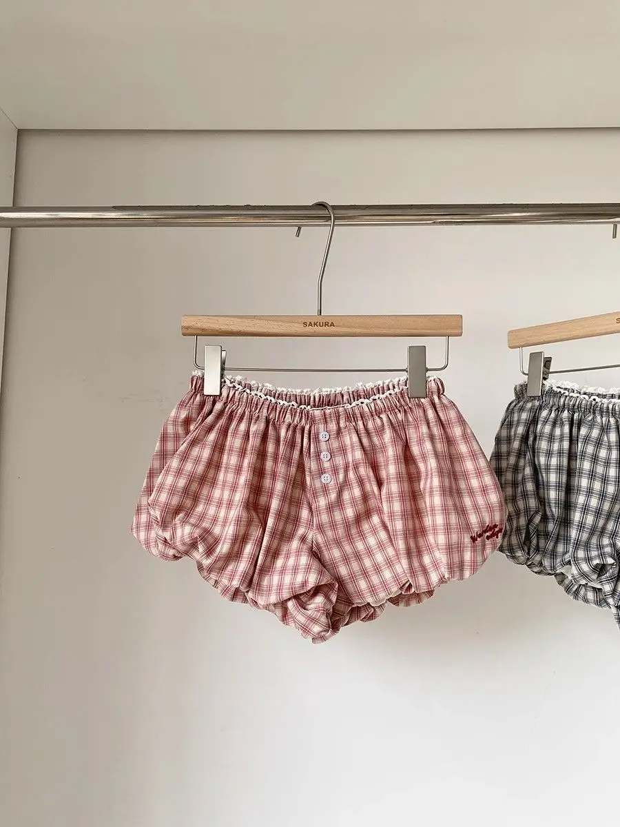 Womens Plaid Bubble Shorts Elastic Waist Bloomer Shorts Casual Short Pants Summer Streetwear