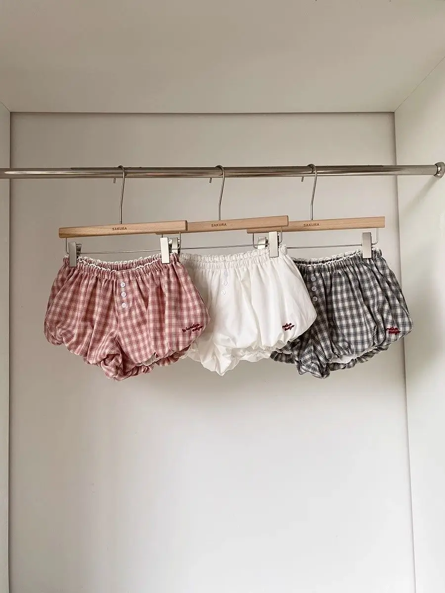 Womens Plaid Bubble Shorts Elastic Waist Bloomer Shorts Casual Short Pants Summer Streetwear