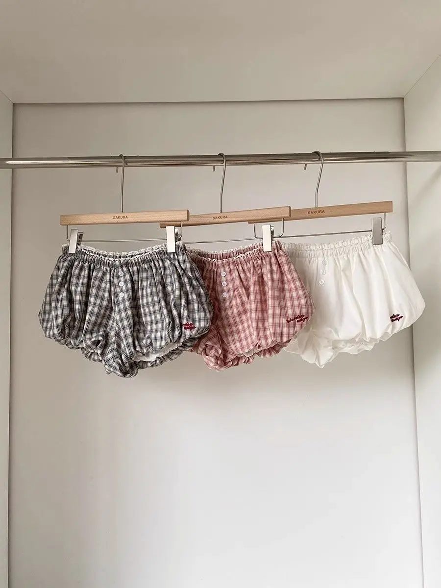 Womens Plaid Bubble Shorts Elastic Waist Bloomer Shorts Casual Short Pants Summer Streetwear