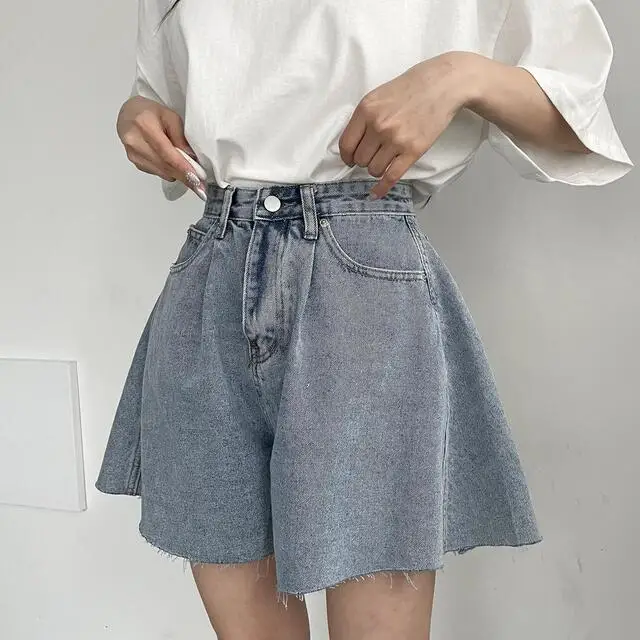 High Waist Wide Leg Loose Denim Shorts For Women 2024 Summer New Arrivals Korean Style Streetwear Blue Jeans Shorts With Pockets