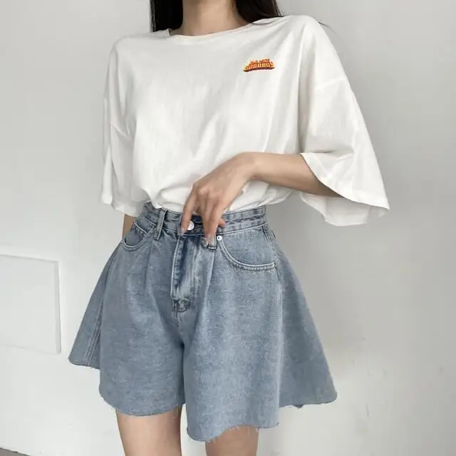 High Waist Wide Leg Loose Denim Shorts For Women 2024 Summer New Arrivals Korean Style Streetwear Blue Jeans Shorts With Pockets