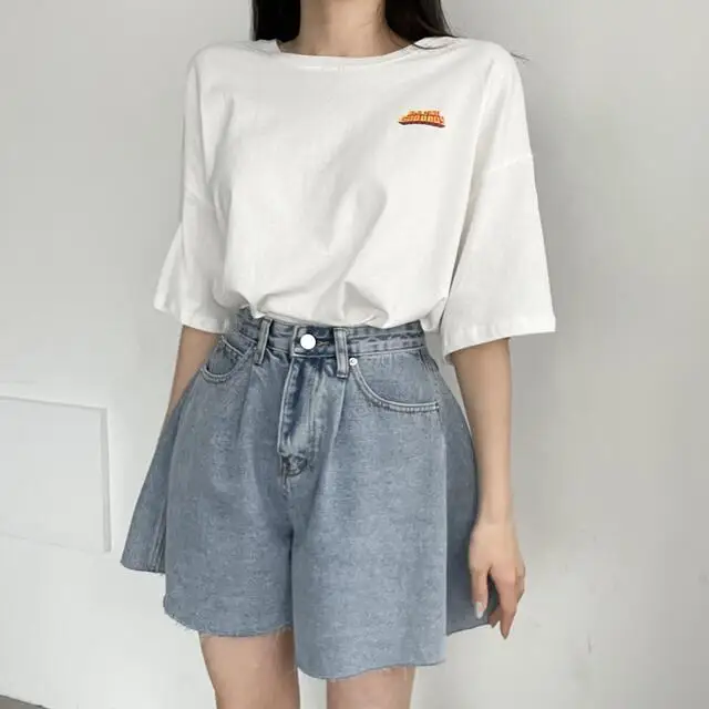 High Waist Wide Leg Loose Denim Shorts For Women 2024 Summer New Arrivals Korean Style Streetwear Blue Jeans Shorts With Pockets
