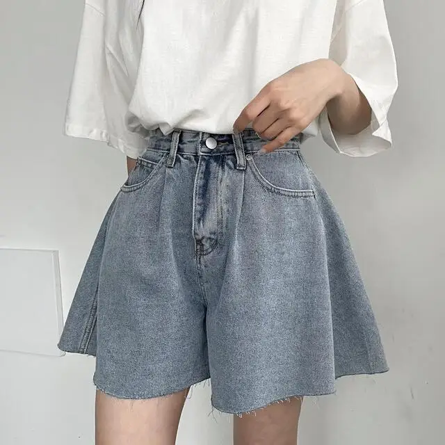 High Waist Wide Leg Loose Denim Shorts For Women 2024 Summer New Arrivals Korean Style Streetwear Blue Jeans Shorts With Pockets