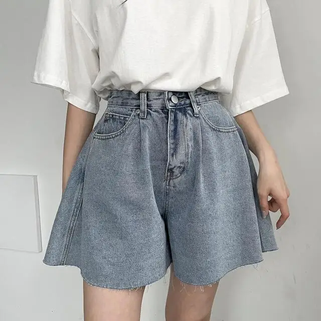 High Waist Wide Leg Loose Denim Shorts For Women 2024 Summer New Arrivals Korean Style Streetwear Blue Jeans Shorts With Pockets