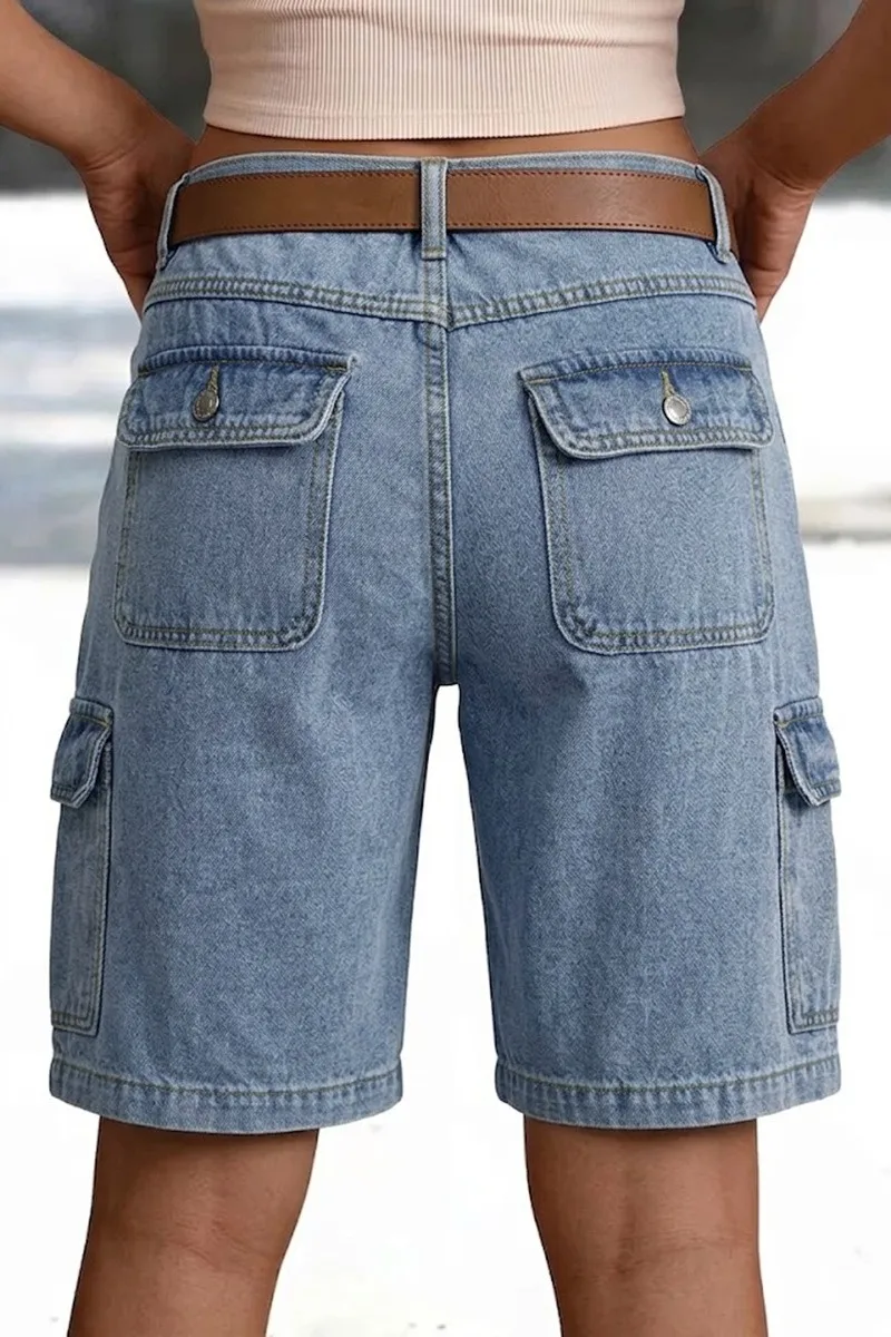 High Waist Pocket Shorts Distressed with Streetwear Retro Pockets Straight Leg Washed Finish No Stretch Summer Wash Women Shorts