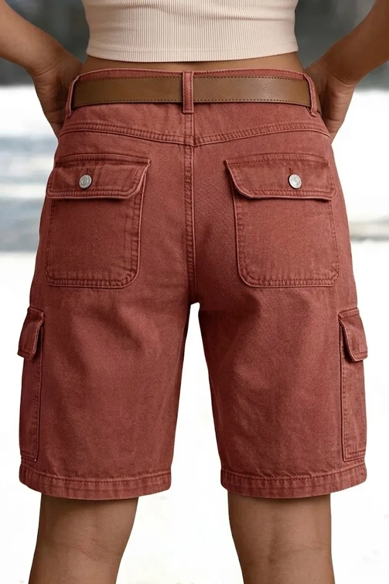 High Waist Pocket Shorts Distressed with Streetwear Retro Pockets Straight Leg Washed Finish No Stretch Summer Wash Women Shorts