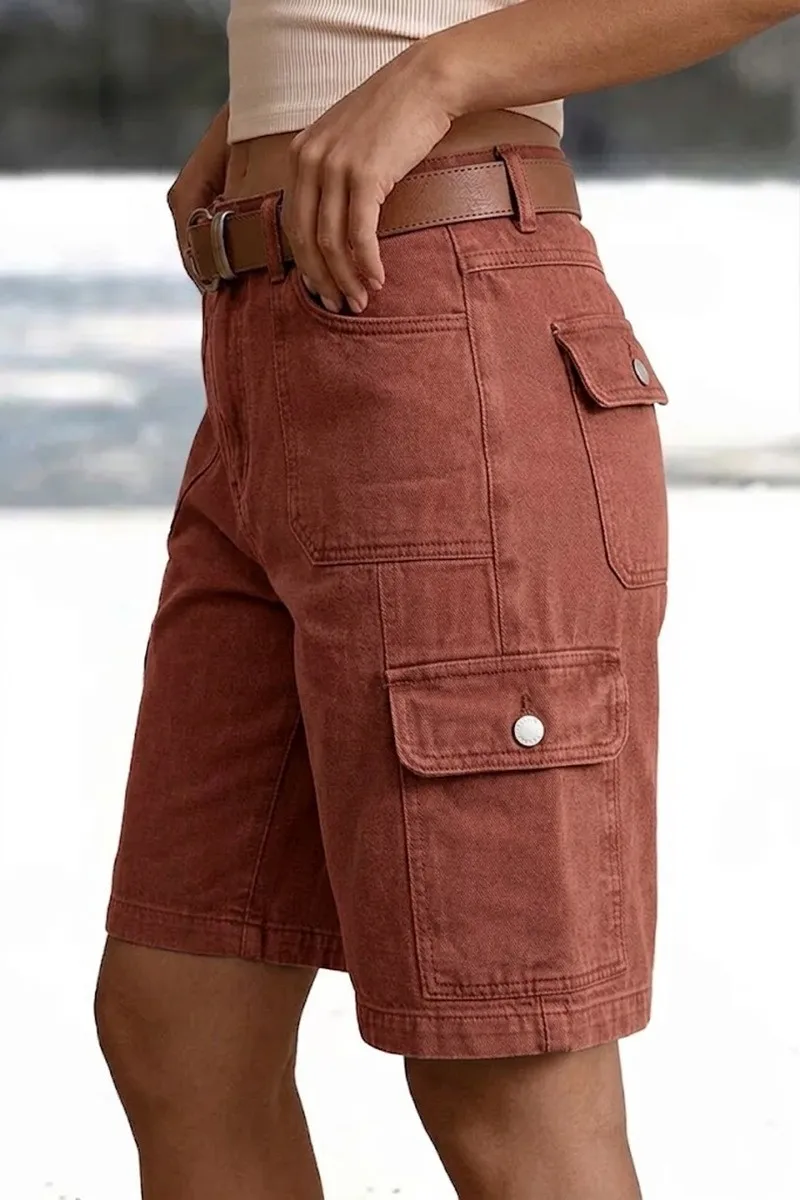 High Waist Pocket Shorts Distressed with Streetwear Retro Pockets Straight Leg Washed Finish No Stretch Summer Wash Women Shorts