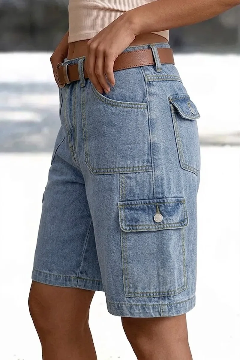 High Waist Pocket Shorts Distressed with Streetwear Retro Pockets Straight Leg Washed Finish No Stretch Summer Wash Women Shorts