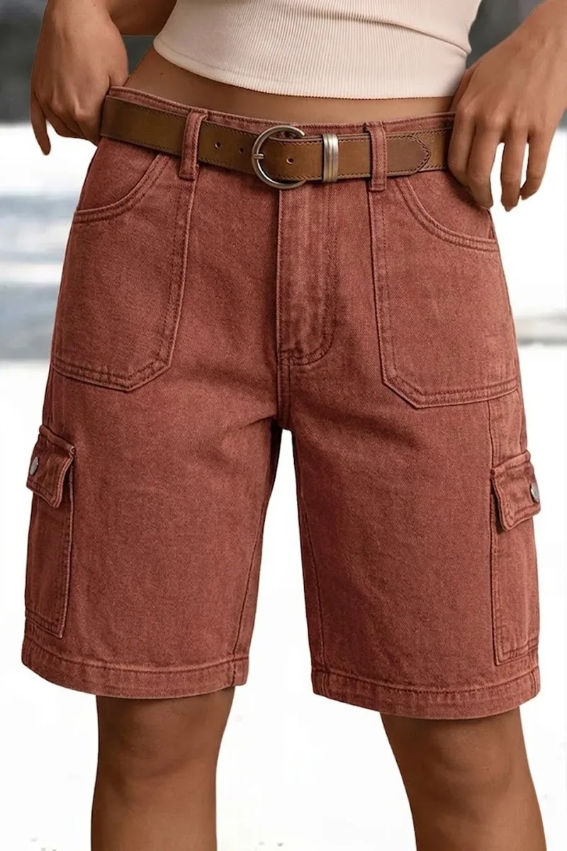 High Waist Pocket Shorts Distressed with Streetwear Retro Pockets Straight Leg Washed Finish No Stretch Summer Wash Women Shorts