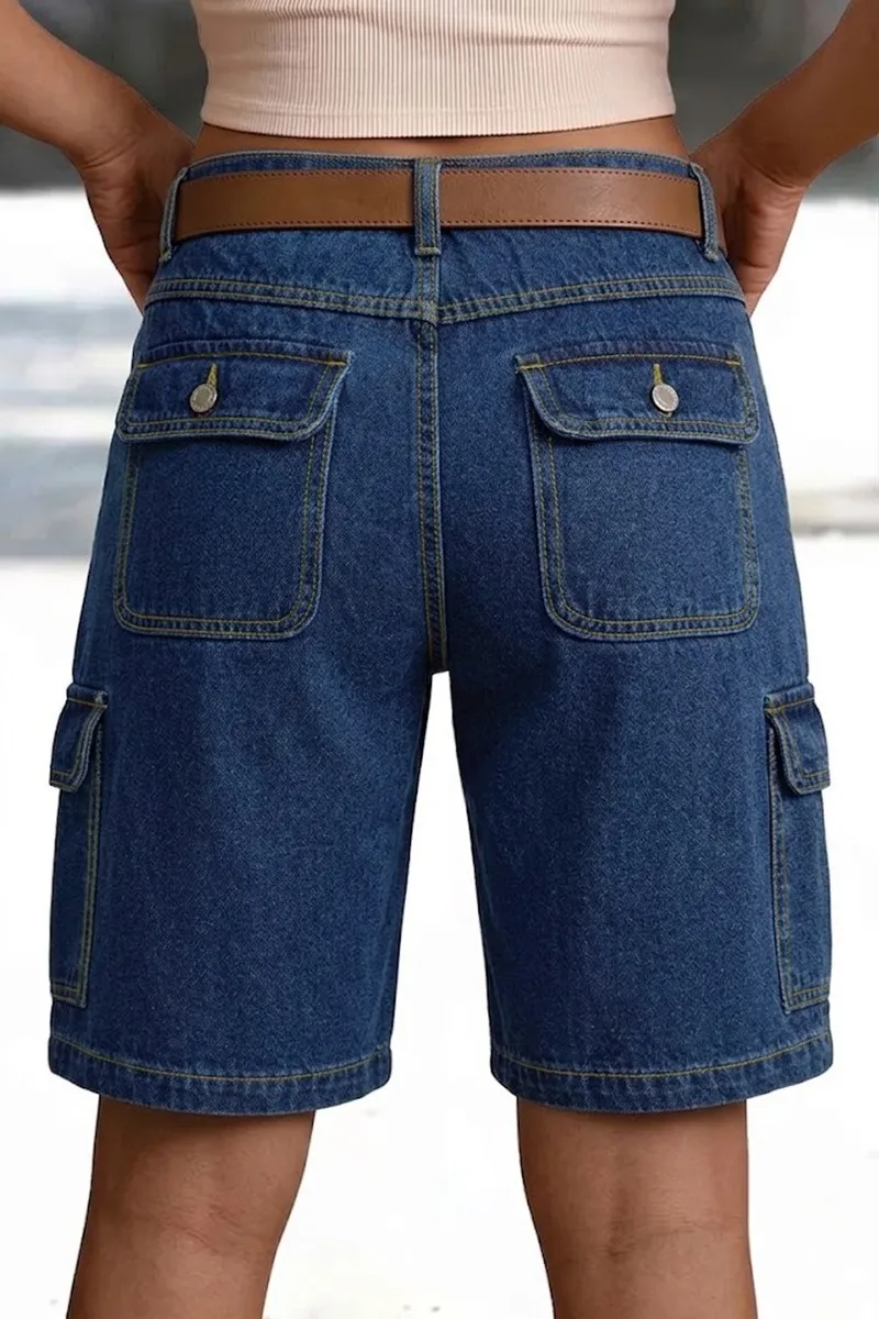 High Waist Pocket Shorts Distressed with Streetwear Retro Pockets Straight Leg Washed Finish No Stretch Summer Wash Women Shorts
