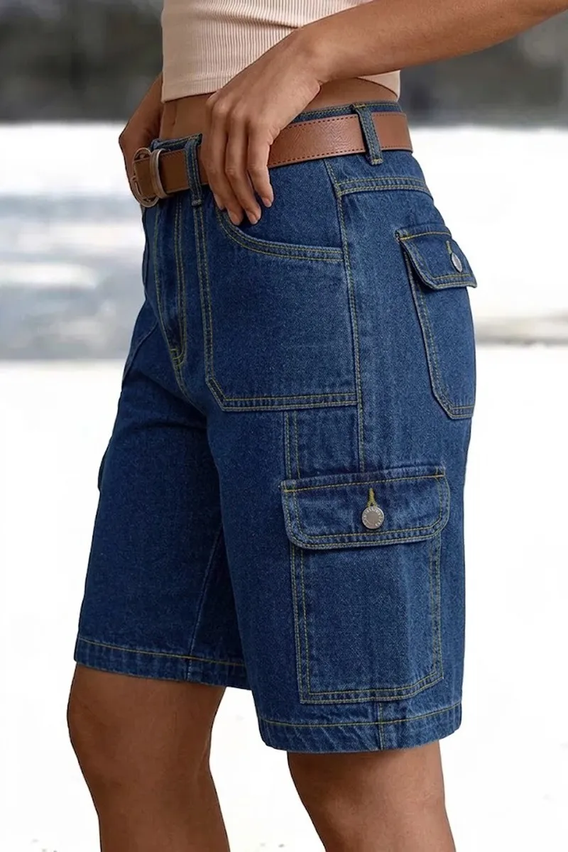 High Waist Pocket Shorts Distressed with Streetwear Retro Pockets Straight Leg Washed Finish No Stretch Summer Wash Women Shorts