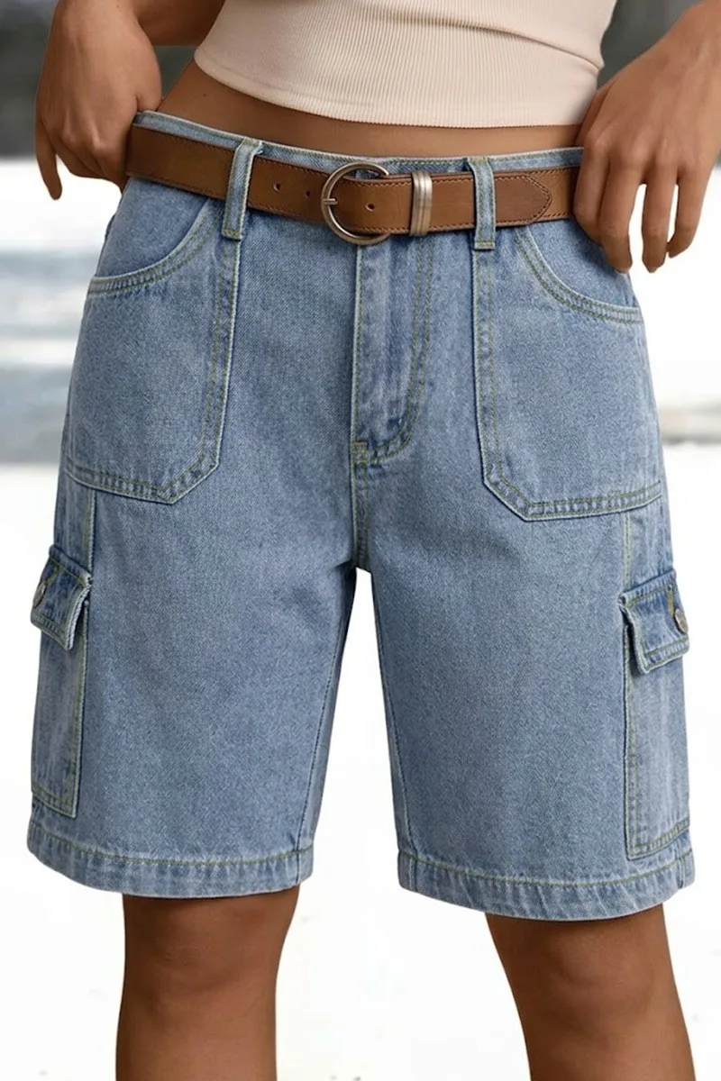 High Waist Pocket Shorts Distressed with Streetwear Retro Pockets Straight Leg Washed Finish No Stretch Summer Wash Women Shorts